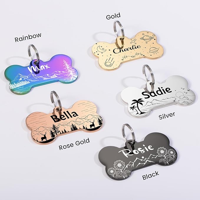 YEHANTI Dog Tags Personalized for Pets with Name Pattern Art Design - Engraved with Laser - Stainless Steel Cats Dogs ID Tags - Stylish Dog Collar Accessories (Bone)