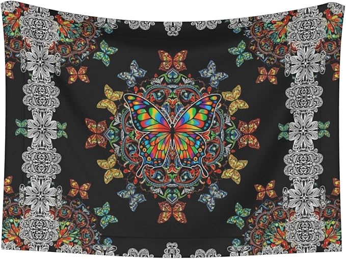 Dog and Cat Blanket in One, Butterflies Mandala Rainbow Art Black and White, Double Sided Plush Throw with Raised Dot Pattern on One Side and Flat Velvet on Other for Variety