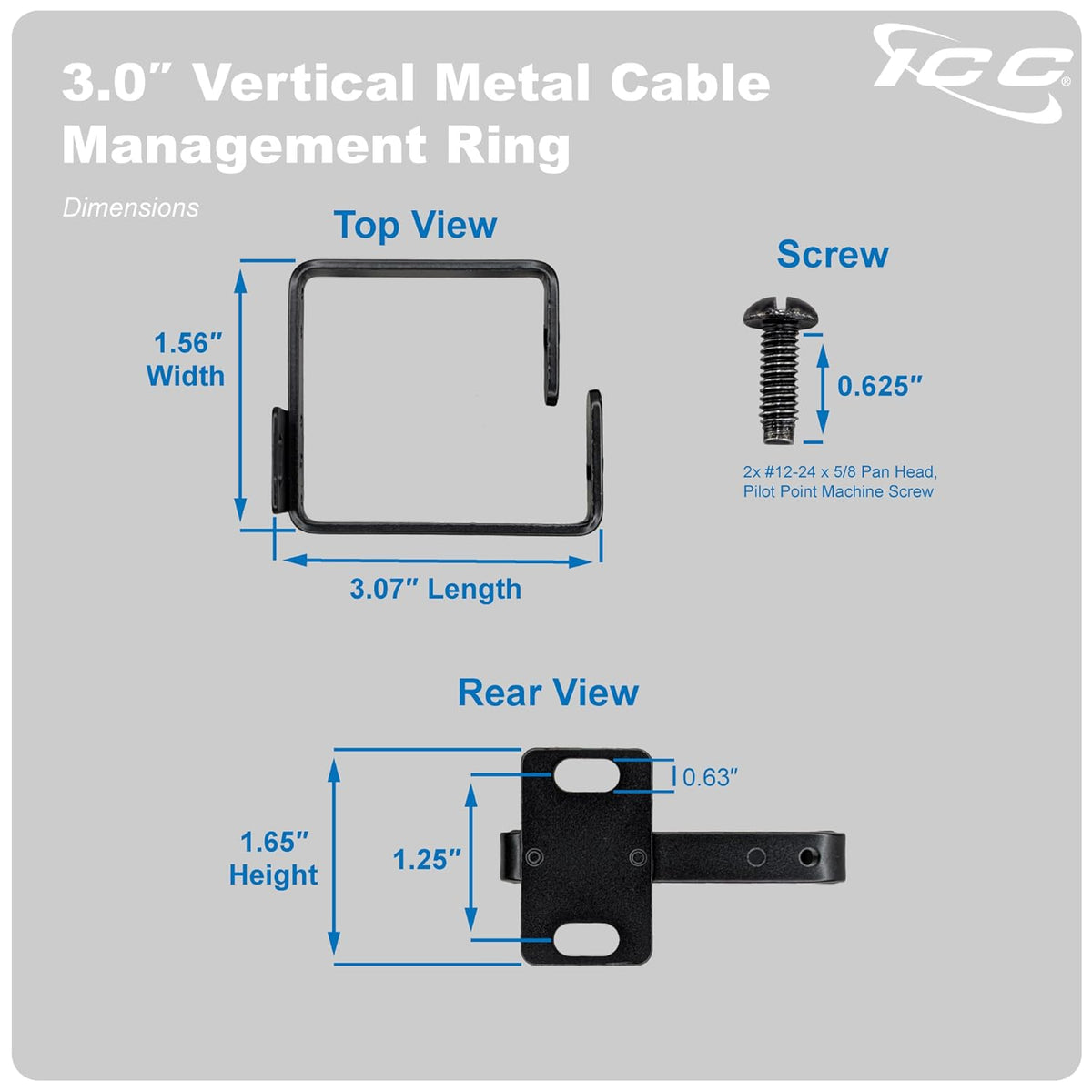 ICC 3-Inch Metal Cable Management Ring, Vertical Rack/Wall, 10-Pack