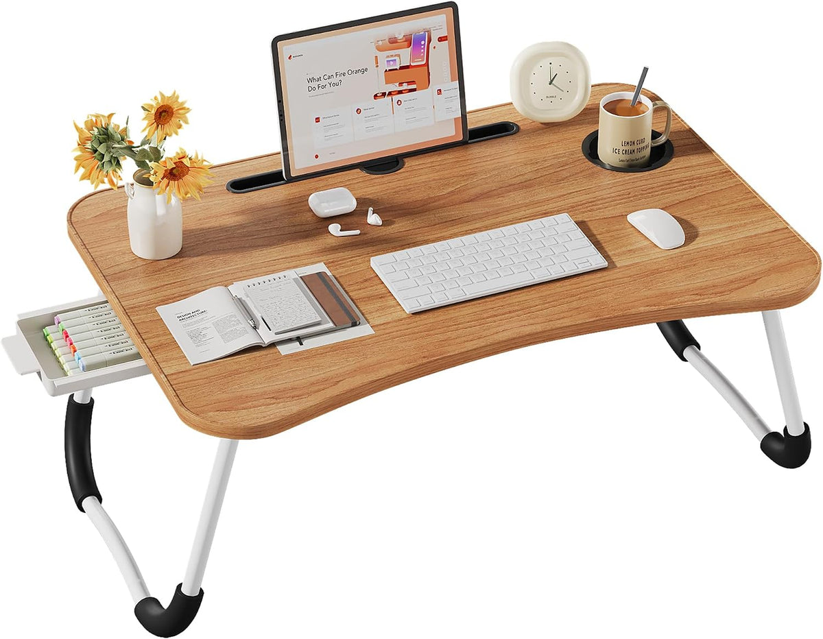 Lap Desk Bed Trays for Eating and Laptops Breakfast in Bed Tray for Sofa/Couch/Study/Reading/Writing with Cup Holder/Drawer On Low Sitting Floor Large Portable Foldable (Walnut Beige)