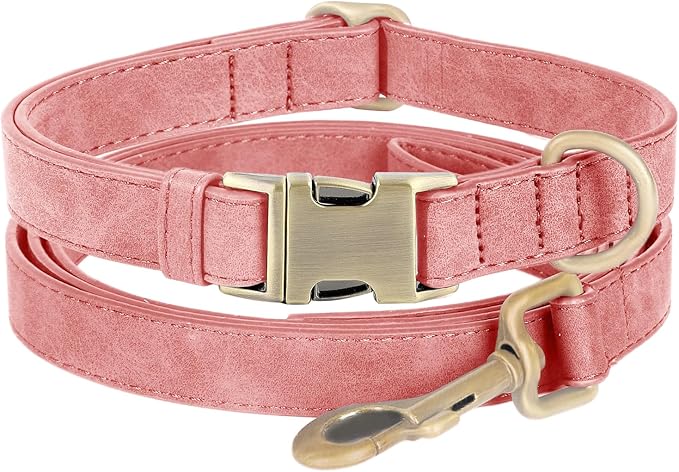 Genuine Leather Dog Collar - Adjustable Pet Collar with Quick Release Metal Buckle, Soft Skin Friendly Real Leather Collar for Small, Medium, Large Dogs (Pink Collar + Rope, S：Fit 8-16" Neck)