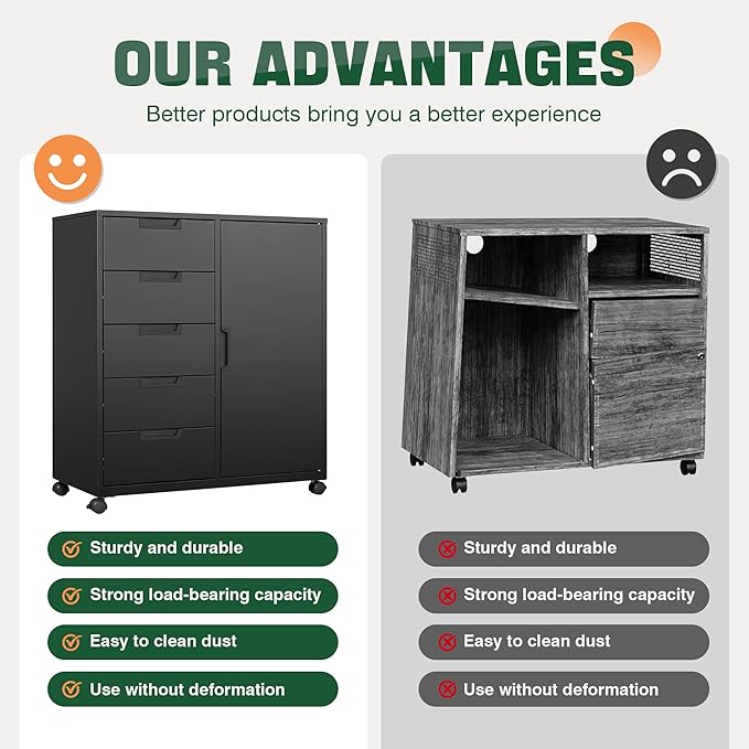 Letaya 5 Drawer Storage Cabinet, Mobile Printer Stand for Home Office,Dresser Chest with Shelves and Door(Black)