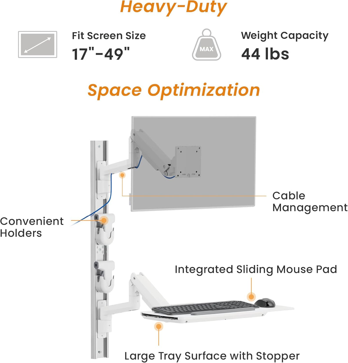 Mount Plus MED10 Medical Monitor Wall Mount with Folding Keyboard Tray and Mouse Pad | Scanner Holder | Heavy Duty Height Adjustment Folding Design for 17"-49" Monitor On Wall Track Up to 44 lbs