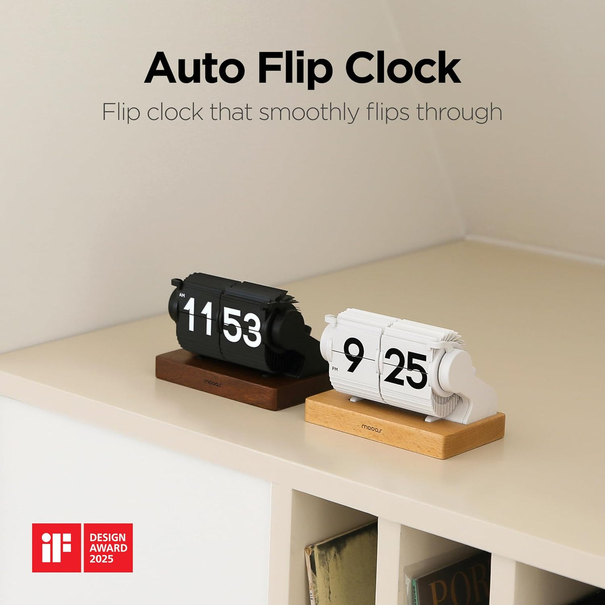 mooas Automatic Mini Flip Clock, Rechargeable, Timer/Alarm/Calendar (Black)