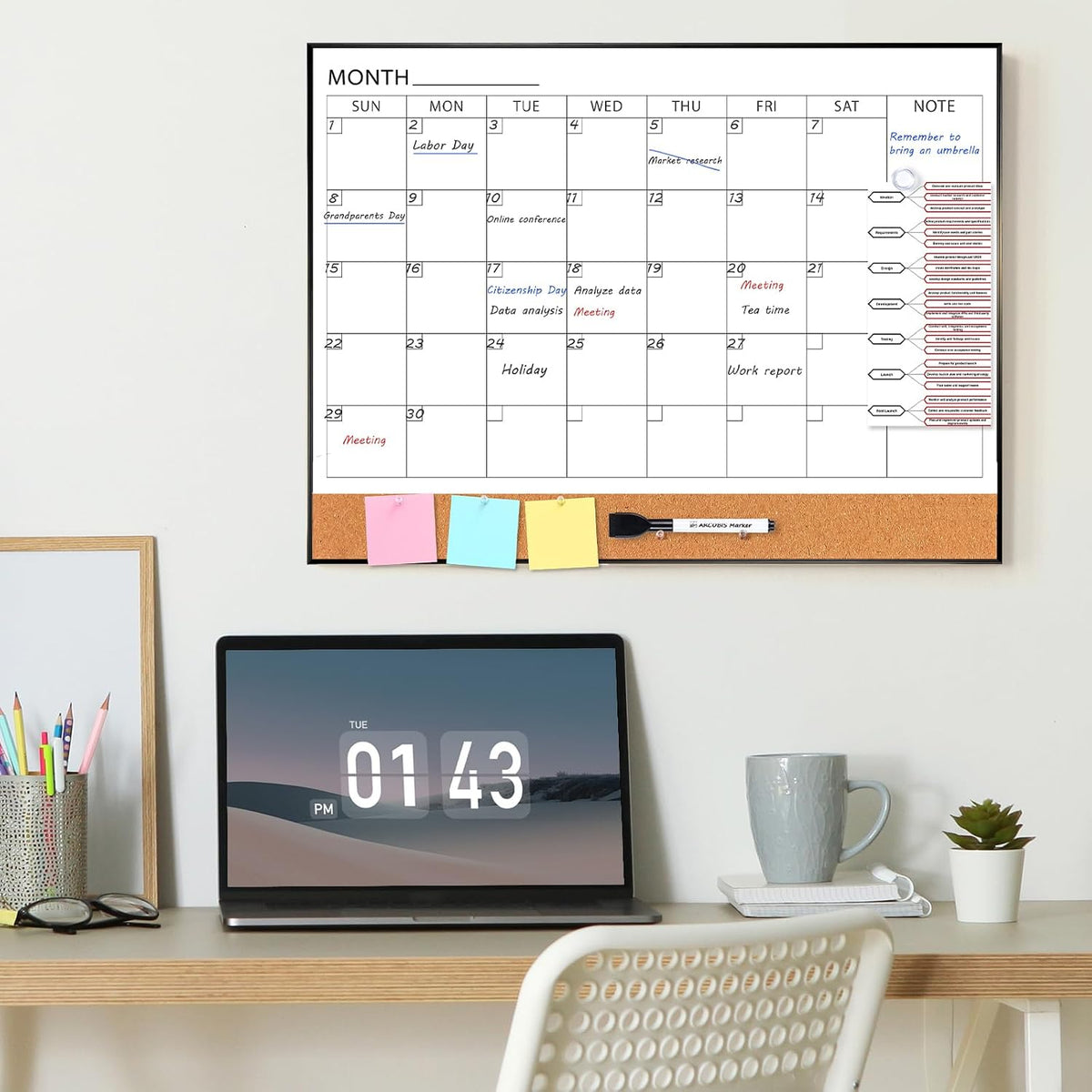 ARCOBIS Dry Erase Calendar with Cork Board for Wall