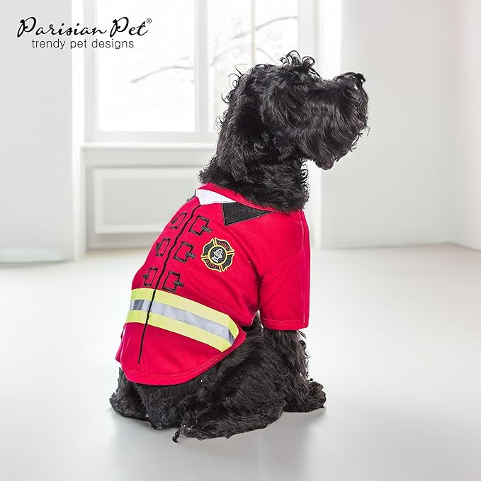 Parisian Pet Embroidered Firefighter Dog Costume - 100% Cotton & Polyester - Sleeved - Red - Large - Lightweight