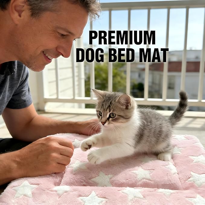 Dog Bed Mat - Reversible Dog Crate Bed Mats, Soft & Breathable Kennel Pad, Durable Crate Bed for Small Dogs & Cats (Pink&White Stars, XS(18"*14"*1.2"))
