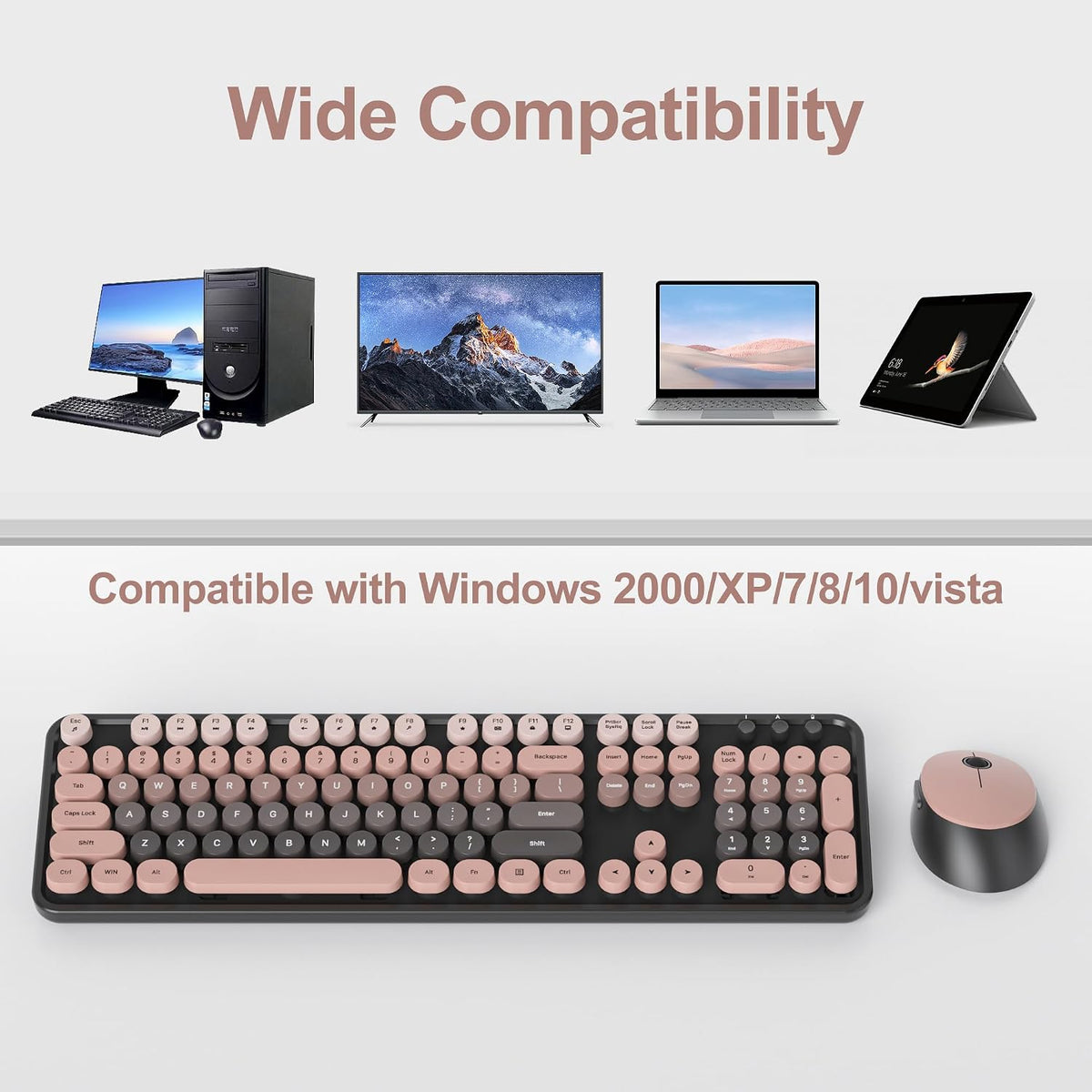 Wireless Keyboard and Mouse Set, Retro Typewriter Black Pink