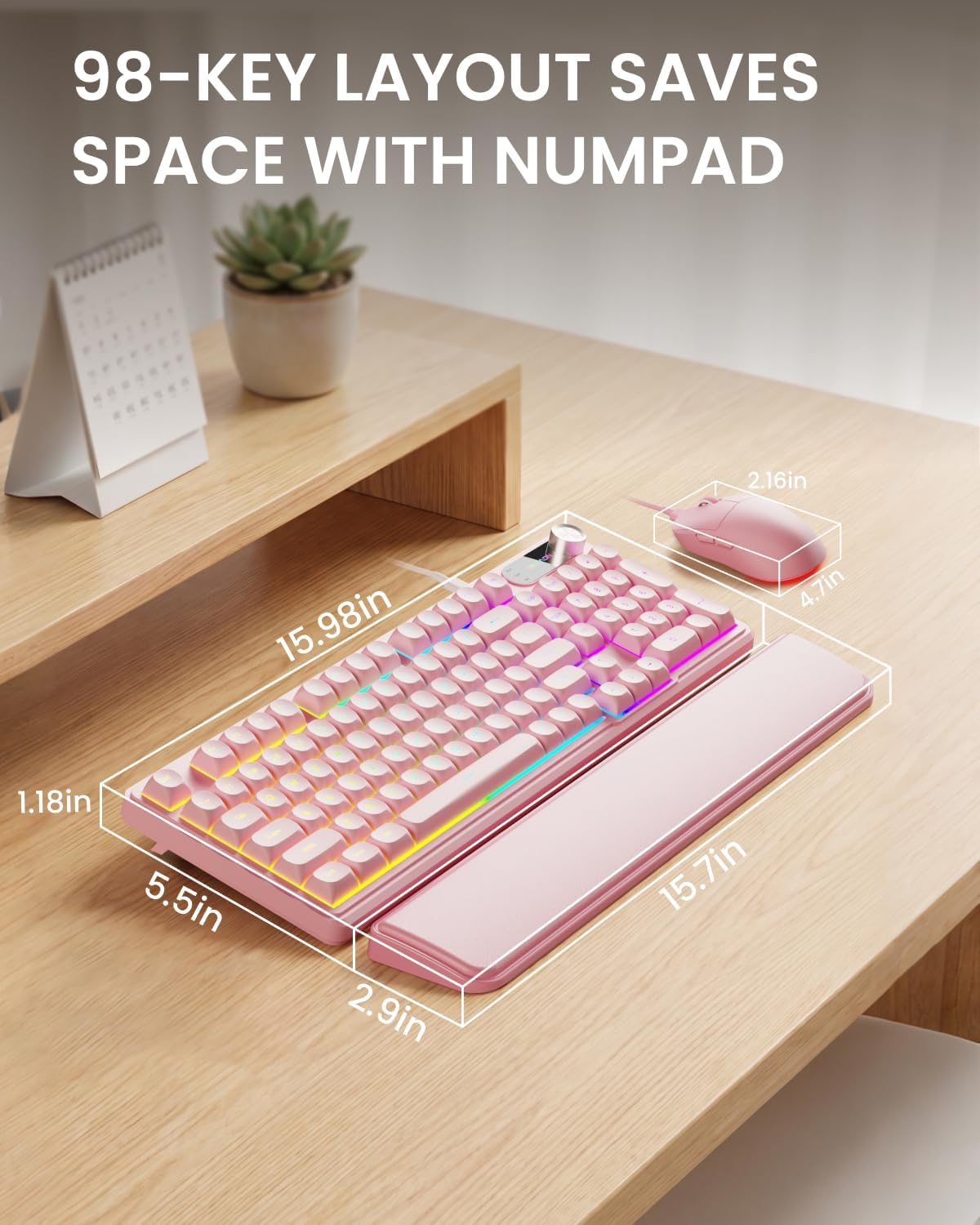 EWEADN Wired Keyboard and Mouse Combo with Detachable Wrist Rest - Pink