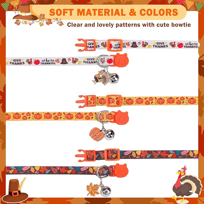SCENEREAL Fall Thanksgiving Cat Collar Breakaway Girl Boy, Safety Buckle Soft Adjustable Cats Collars with Bells for Daily Wearing, Holiday Kitten Puppy Personalised Collars for Dogs