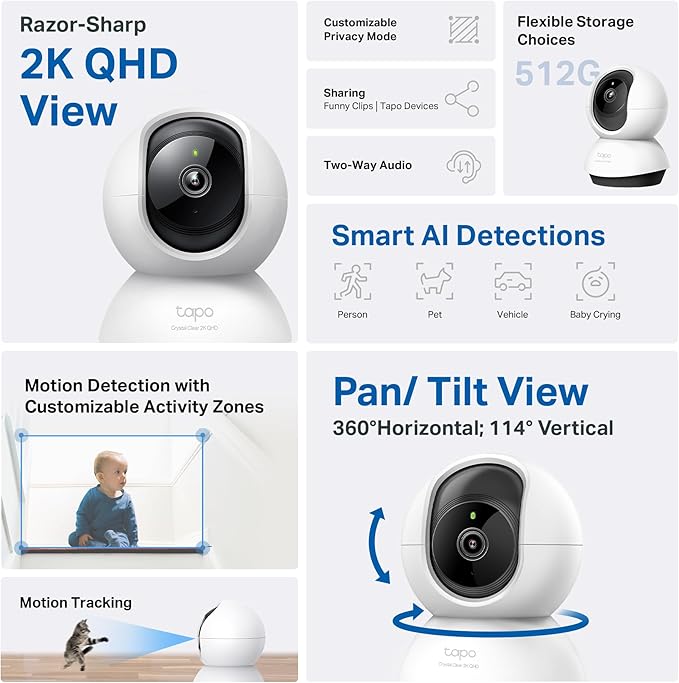 TP-Link Tapo 2K QHD Pan/Tilt Security Camera for Pet Camera, Baby Monitor, Motion Detection, Motion Tracking, 2-Way Audio, Night Vision, Cloud &SD Card Storage, Works w/Alexa & Google Home(Tapo C220)