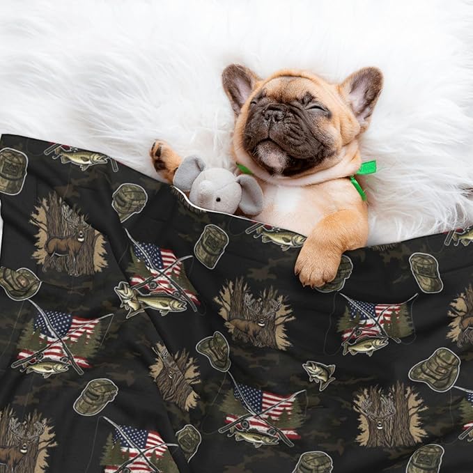 Double Sided Plush Pet Blanket with Cozy Dot Texture, Hunting Deer Bass Fishing Lure Camo Camouflage American Flag Black, Reversible for Dogs Cats on Couches Beds