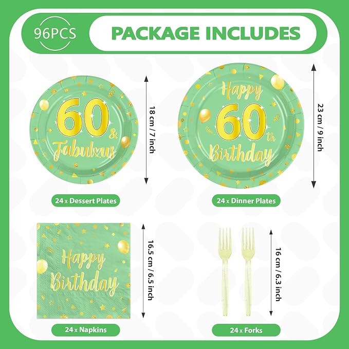 96 Pcs Sage Green Gold 60th Birthday Decorations Serves24 | 60th Birthday
