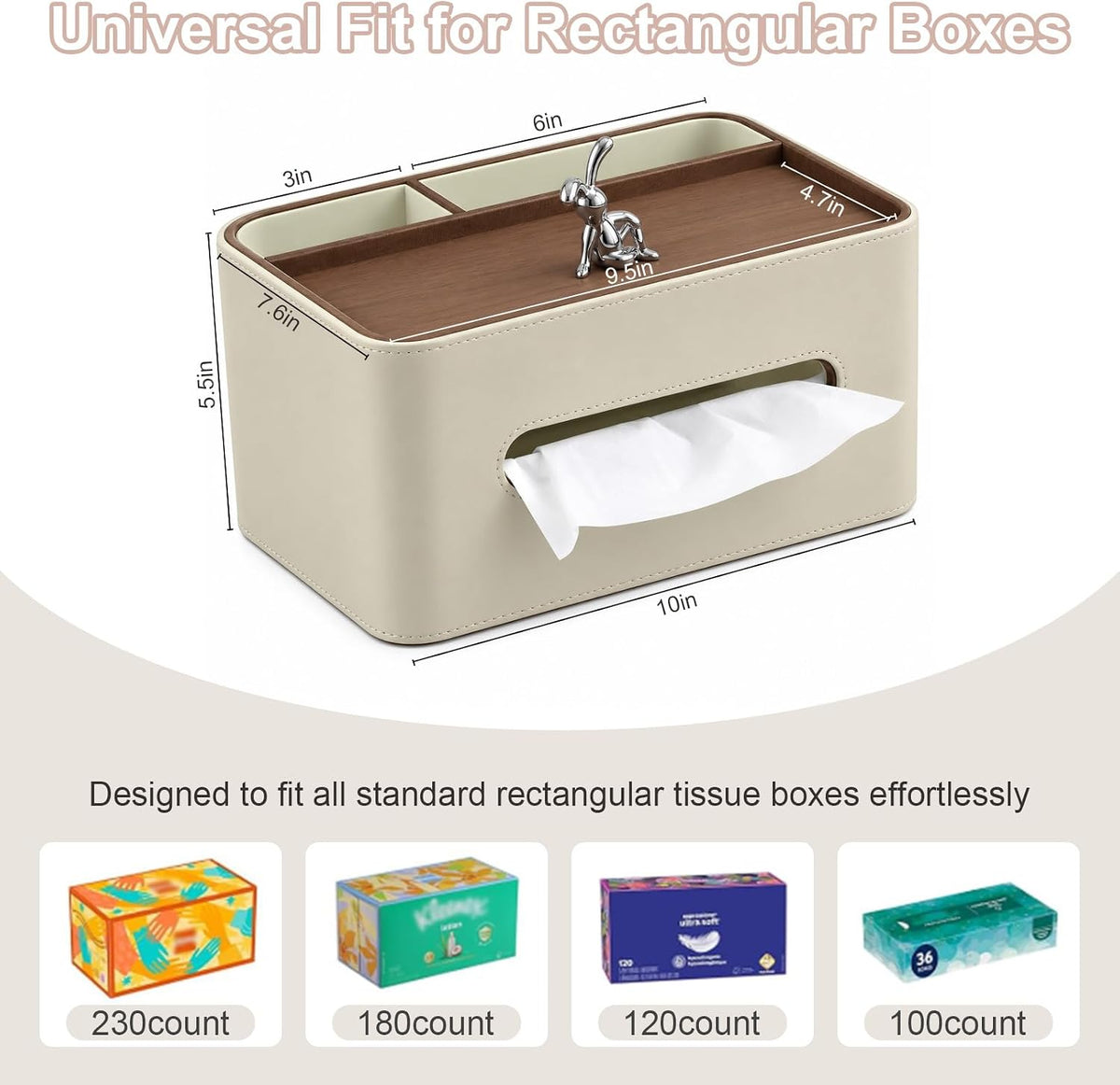 PU Leather Rectangle Tissue Box Cover with Storage Organizer, White