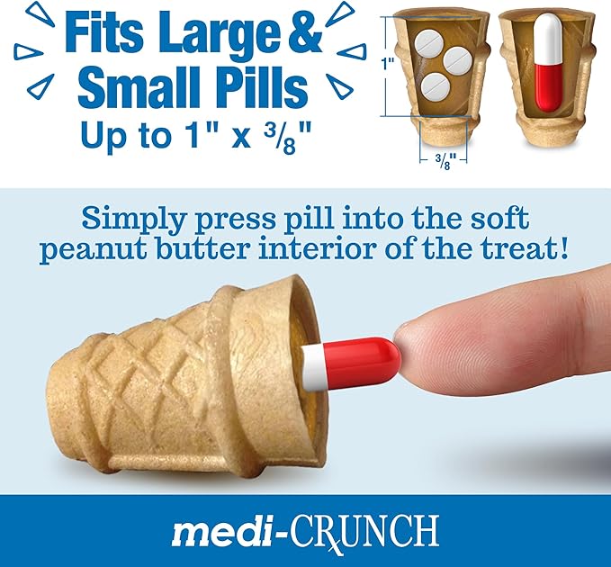 Medi-Crunch Pill Pouches for Dogs, Peanut Butter Dog Pill Treats for Capsules & Tablets, Crunchy Pill Pocket Alternative for Picky Eaters, Hypoallergenic Low Sodium Vet Recommended, 30 Treats