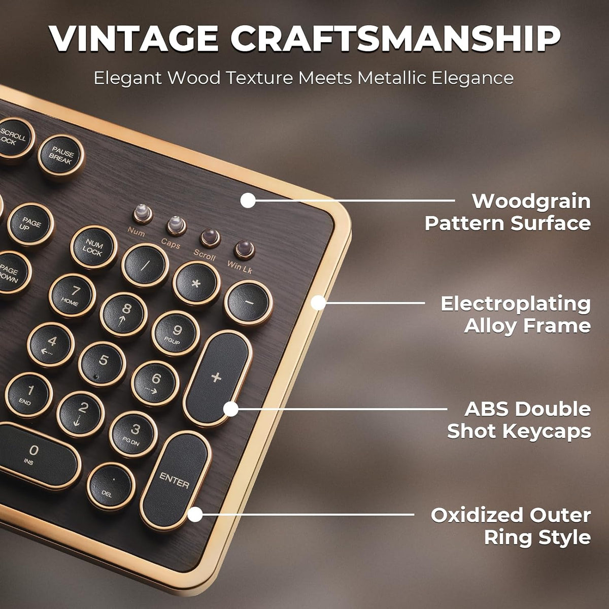 GLENCREAG RK104 Retro Mechanical Keyboard, Wired 104 Keys Typewriter Style with Wood Grain, QMK/VIA Programmable, Green Linear Switches, N-Key Rollover, for Mac & Windows
