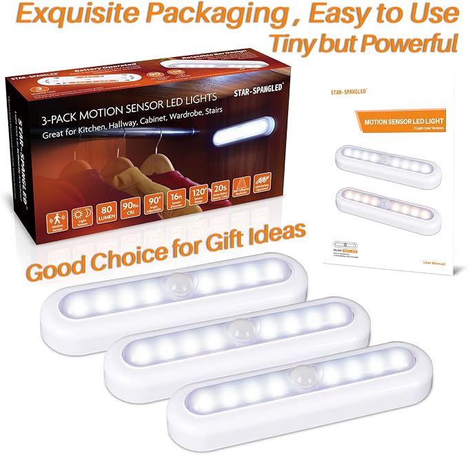 STAR-SPANGLED 3 Pack 7” Motion Sensor Lights Indoor Battery Operated, Stick on