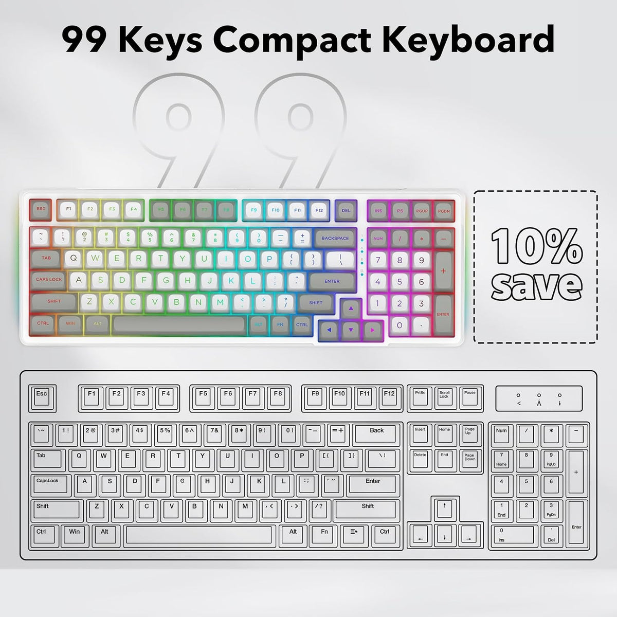 HUO JI Z-99 Wired Mechanical Keyboard, Creamy Sound, RGB Backlit,White Gray