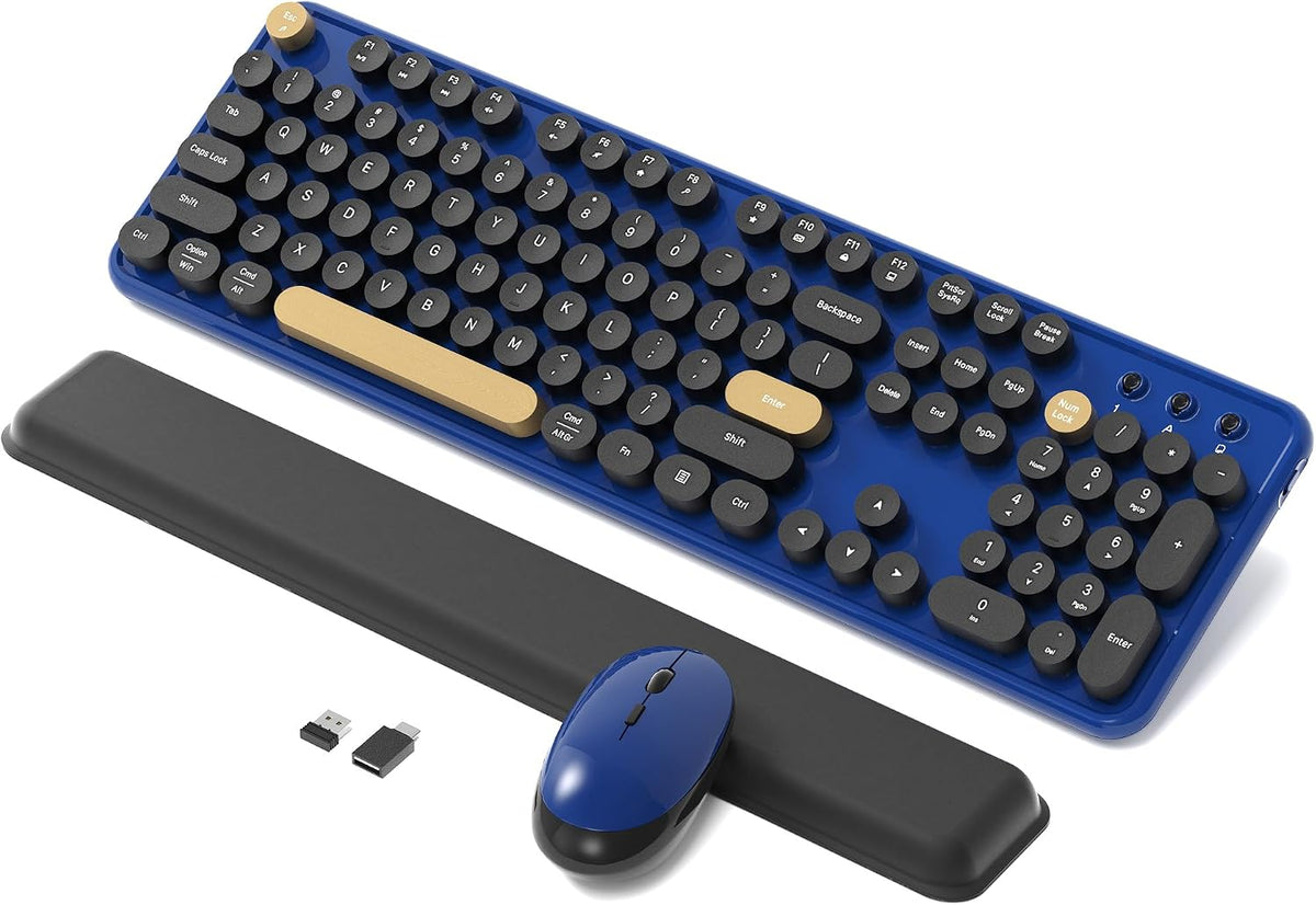 Retro Wireless Keyboard and Mouse Combo with Wrist Rest (Klein Blue)