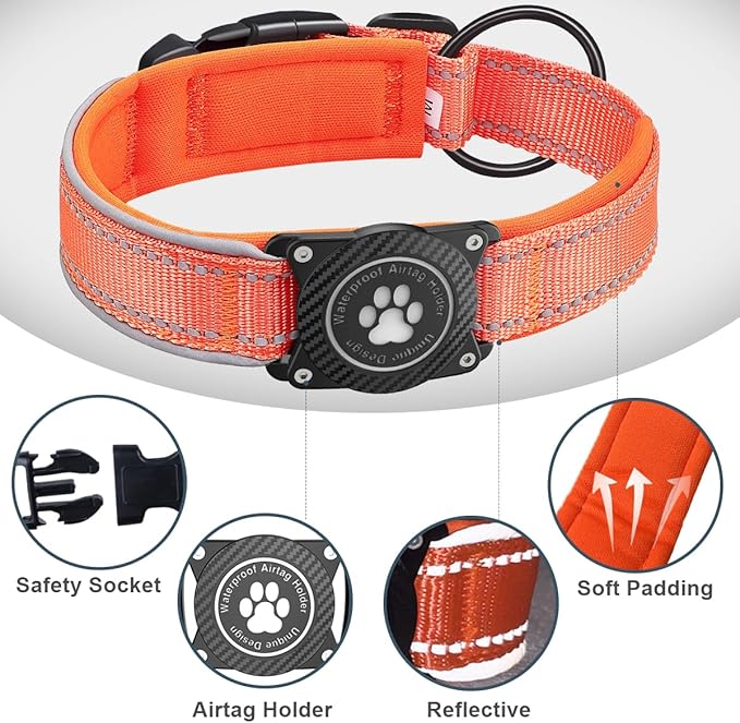 Airtag Dog Collar with Waterproof Air Tag Holder, Luminous Reflective, Soft Padded, Adjustable Nylon Pet Collar for Small Medium Large Heavy Duty Dogs,Orange, S