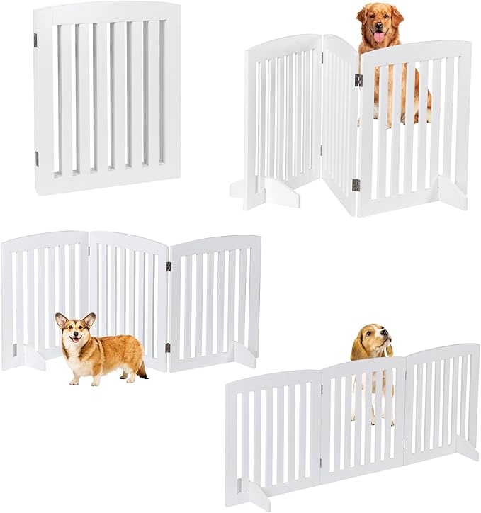 ZENY 24 Inch Pet Dog Gate, Foldable Freestanding Dog Door 3 Panel, White Wooden Z Shape Step Over Pet Fence for Entryway, Stairs, Doorway, White