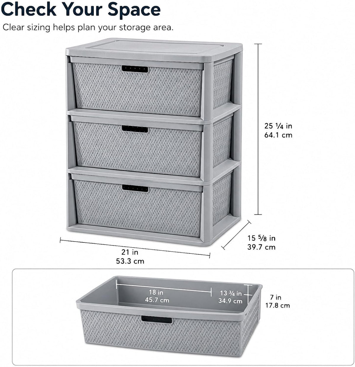 3 Drawer Storage Organizer, Plastic Drawer Organizer Tower, Gray