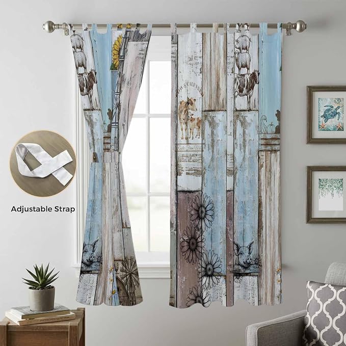 Blue Grey Wooden Living Room Curtains 84 Inch Length, Window Curtains Tab Top