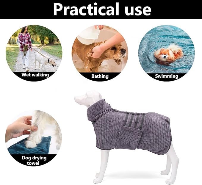 Geyecete Dog Bathrobe Towel Dog Drying Coat - Pineapple Grid Fast Drying Super Absorbent Pet Dog Cat Bath Robe Towel - Gray, Medium