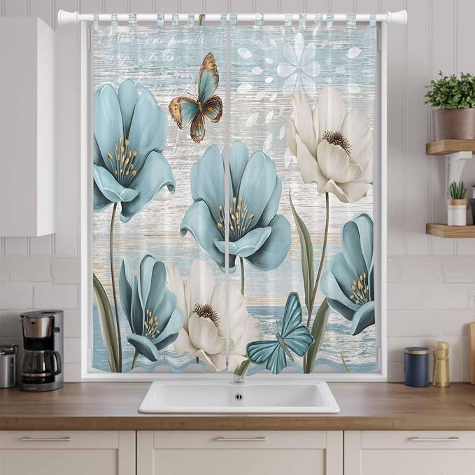 Spring Floral Living Room Curtains 84 Inch Length, Window Curtains Tab Top