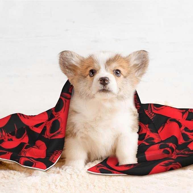 Dog and Cat Blanket in One, Red Blood Vintage Skull, Double Sided Plush Throw with Raised Dot Pattern on One Side and Flat Velvet on Other for Variety