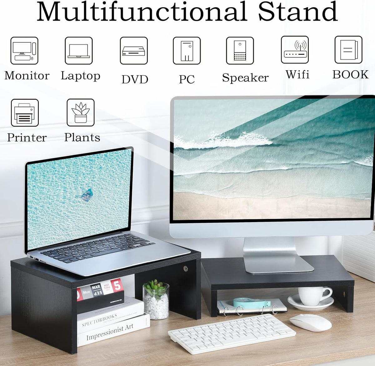 TEAMIX 2-Pack Monitor & Laptop Stand Riser,Wood High-Low Dual Monitor Setup