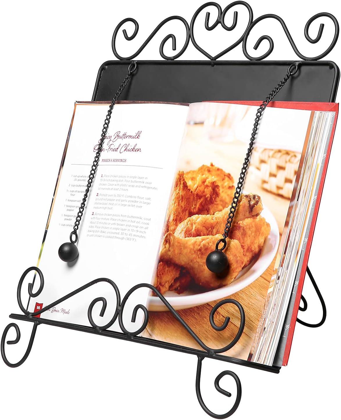 MyGift Black Metal Cookbook Stand for Kitchen Counter, Cookbook Easel Stand with Weighted Page Holder and Vintage Scrollwork Design