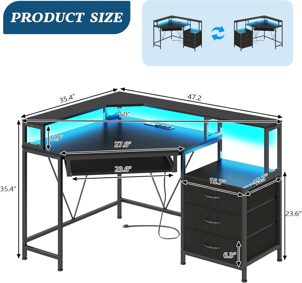 47" Corner Desk with Drawers, Power Outlets ＆ Printer Shelf for Small Space