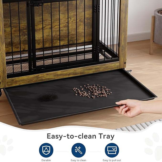 38 Inch Rustic Dog Crate Furniture with 3 Doors and Locking Wheels, Wooden Heavy-Duty Indoor Kennel with Removable Tray for Small and Medium Dogs, Easy-Clean Side Table or Nightstand Style Design