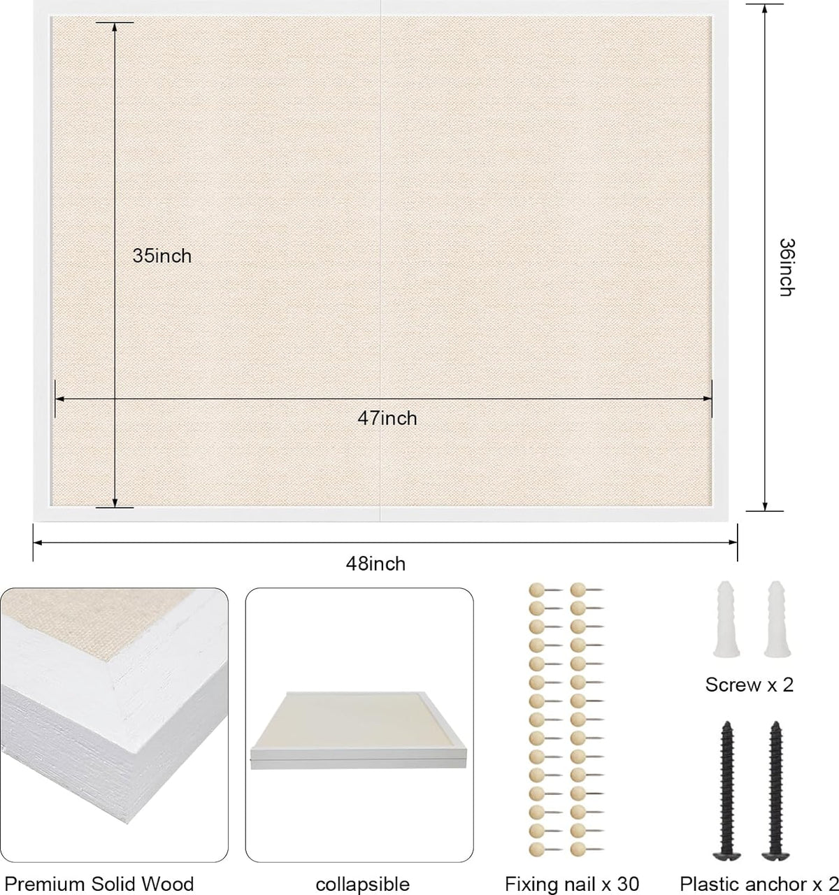 Miratino Large Bulletin Board 48x36 inch with Linen Cork Boards Wall Decor Hanging Pin Wood Framed Display Bulletin Cork Photo Picture Board Light for Room School Office 30-Pushpin White