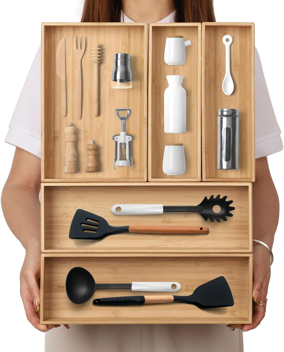 BAMOTTO CRAFTBAMBOO Stackable Bamboo Drawer Organizer Set of 5 for Kitchen