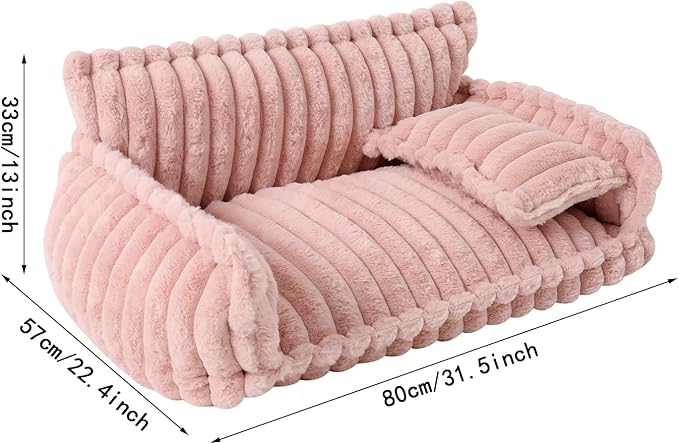 Fluffy Pet Couch Bed with Removable Washable Cover, Soft Rabbit Plush Dog Cat Bed for Small Medium Pets, L Size Pink Couch with Non-Slip Bottom and Pillow (Pink)