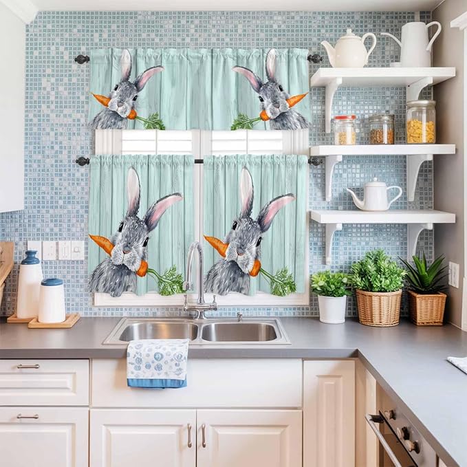 Easter Kitchen Curtain Set, Spring Rabbit Botanical Carrots Green Wooden Grain