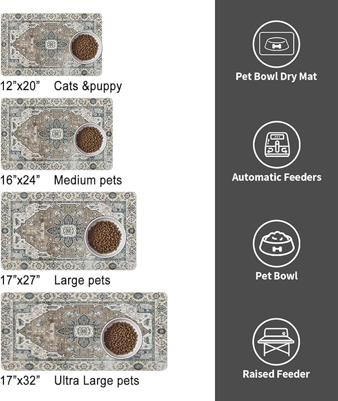 Dog Food Mats for Floors, Absorbent and Quick-Drying Pet Cat Food Mat,Anti-Fouling and Easy-to-Clean Pet Feeding Mat,Dog Bowl Mat for Messy Drinking Water Bowls.12 x20, Bohemia Style