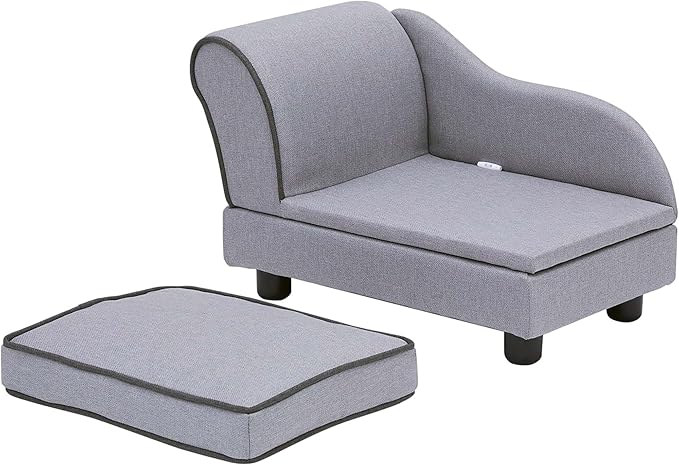 Teamson Pets Ivan 22 Inch Long Upholstered Chaise Lounge Sofa Dog Bed with Removable Cushion and Underneath Storage for Cats & Small Dogs, Light Gray