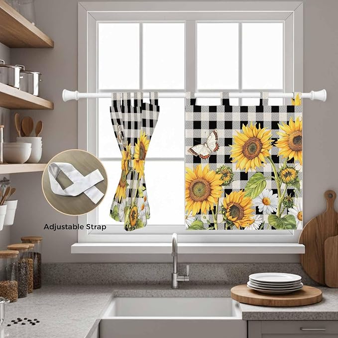 Sunflowers Kitchen Curtains 36 Inch Length, Small Window Curtains Tab Top