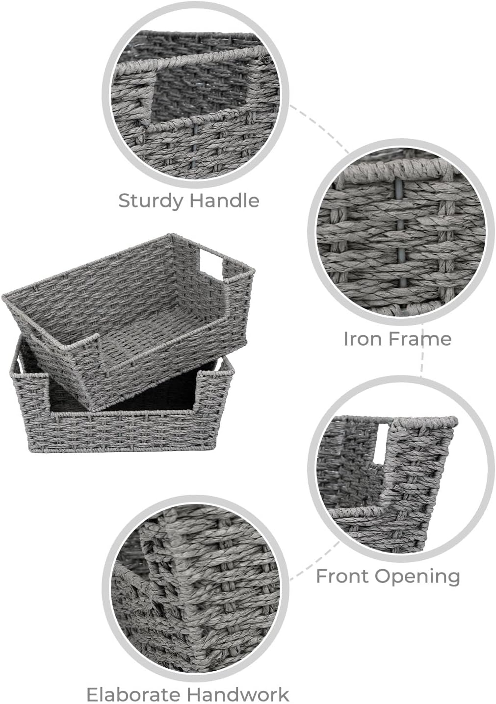 StorageWorks Pantry Baskets for Organizing, Paper Rope Grey Baskets, 2 Pack
