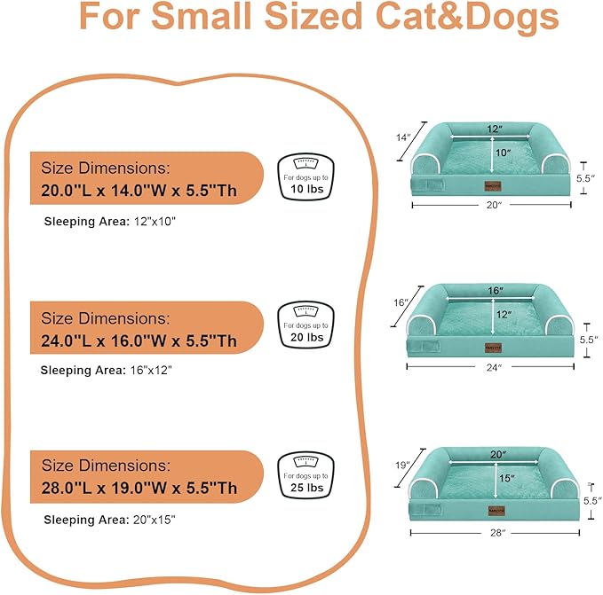 Small Dog Bed Orthopedic Washable: Beds Bolster Small Sized Dogs Bed Egg Crate Foam Couch Sofa Waterproof with Removable Cover - Aqua Blue