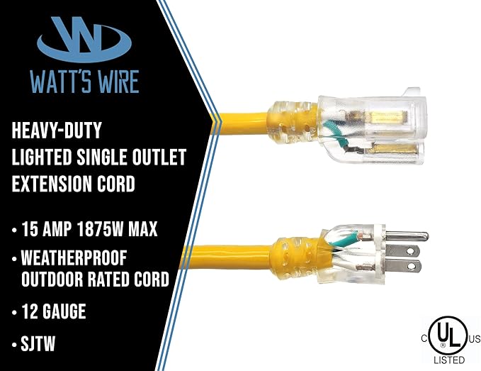 10 ft Outdoor Extension Cord Waterproof - 12 Gauge Heavy Duty Extension Cord 10 ft - Lighted Outdoor Extension Cords - Watts Wire - 10' Grounded