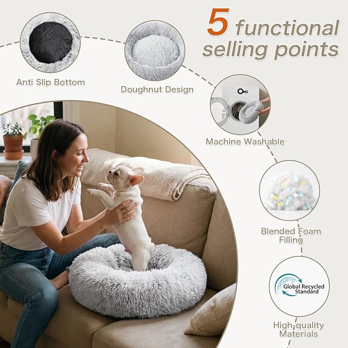 Calming Dog Bed, 24" x 24" x 6" Fits Cat & Dog, Anti-Slip Round Washable Faux Fur for Doze Off, Napping Orthopedic, Grey