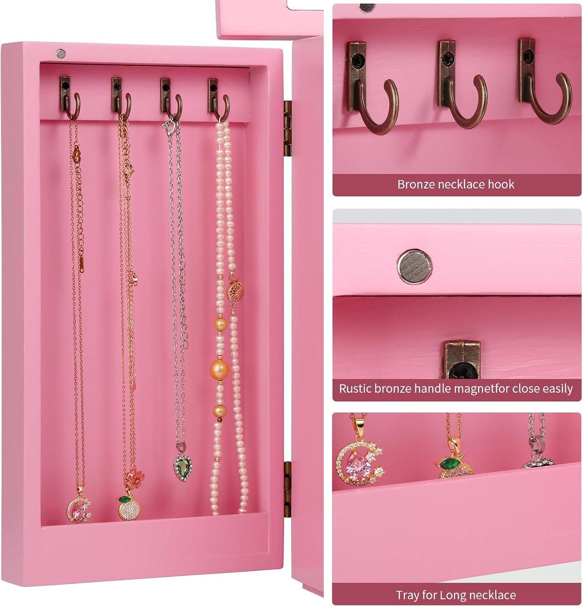 Meangood Jewelry Box Jewelry Organizer, 5-Layer Wooden Jewelry Organizers and Storage Boxes for Women Girls, Ring Earring Bracelet Necklace Holder Organizer with Mirror & Drawers (Pink)