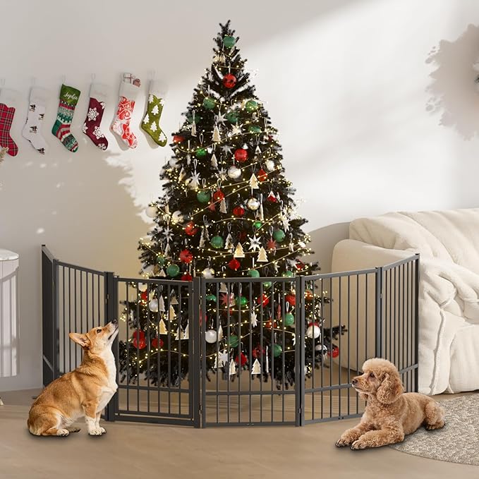 Full Metal Freestanding Dog Gate with Door, 36''Height Foldable Pet Dog Fence for Indoor & Outdoor, 6 Panels Extra Wide Free Standing TallDog Gates for Doorways,House,Stairs,Porch,Deck,Yard
