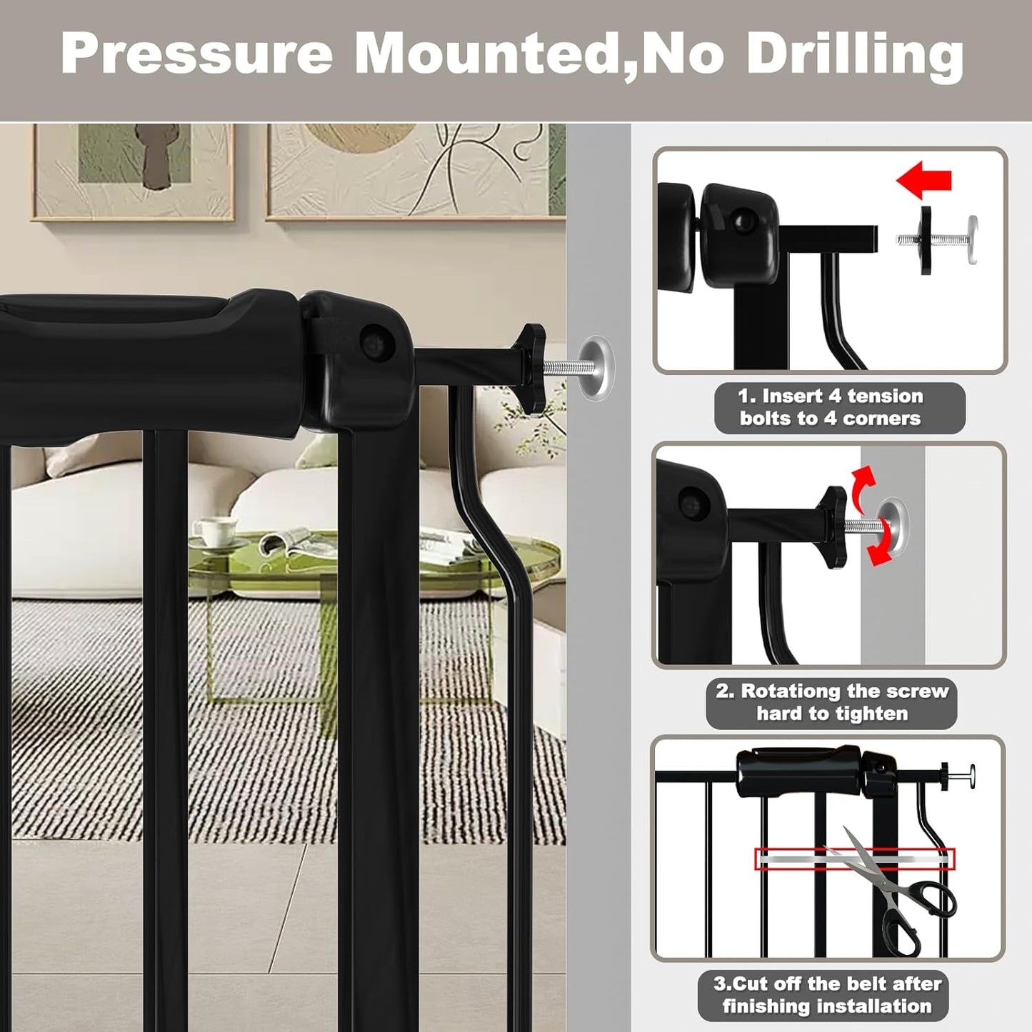 Fairy Baby Walk Through Baby Gate 34-38.5 Inch Wide, Pressure Mounted Safety Gate with Door No Drill, Tension Metal Gate for Dog and Toddler, Black