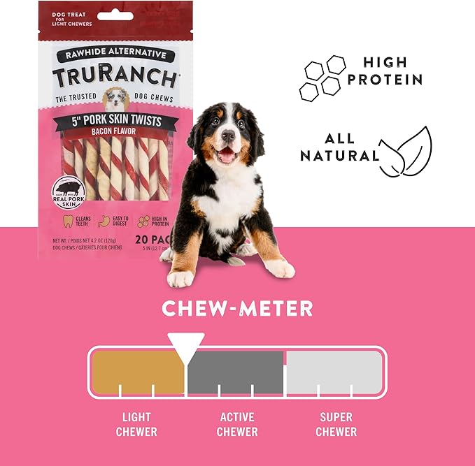 TRURANCH 5" Pork Skin Twists - Collagen Chews for Dogs - Bacon Flavor - Made with Real Pork Skin - Rawhide Alternative - Limited Ingredient - Easy to Digest Treat, 1 Bag, 9 Count