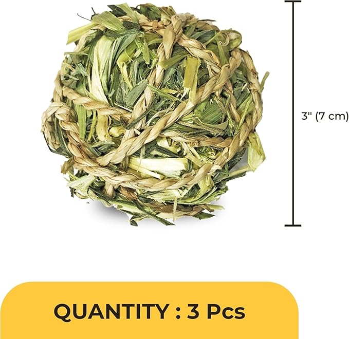 SunGrow Assorted Rabbit & Cat Chew Balls, Teething Activity Toy for Pocket Pets, Improves Dental Health, Environment Friendly, Stress Reliever (Barley Grass Ball, 3 Pcs)
